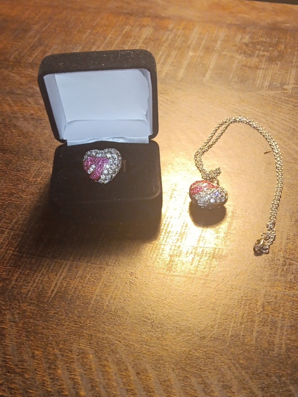 Sparkling Heart Pink & Silver Pendant Necklace and Ring Set
